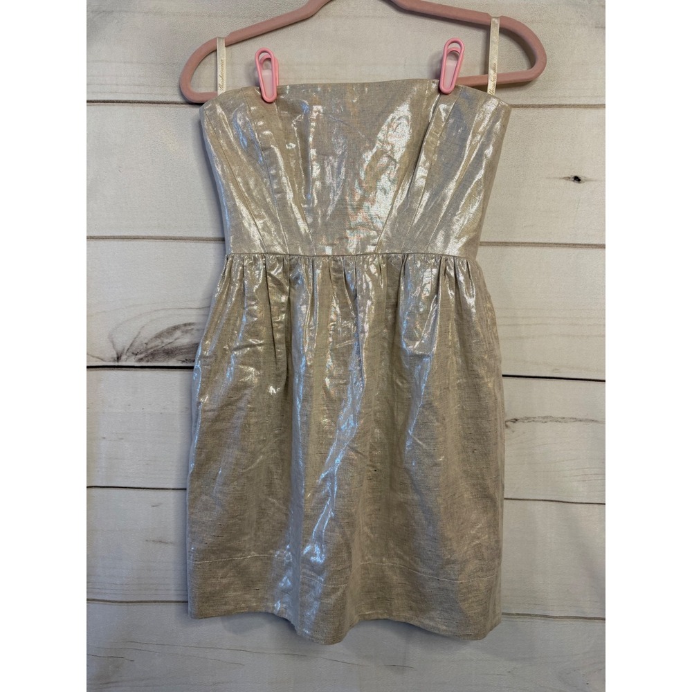 Shoshanna Gold Metallic Strapless Linen Blend Mini Dress 1708402‎ Size 4
